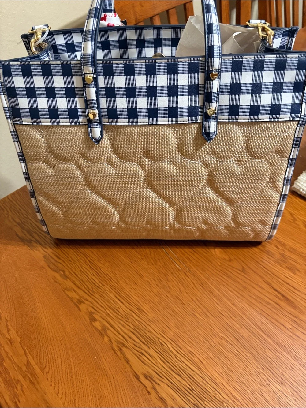 Betsey Johnson Navy & Natural Gingham-Accent Tote Bag with Scarf- NWT